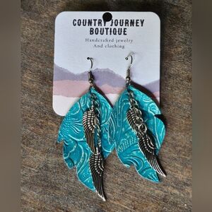 NWT Blue western style turquoise faux leather earrings with a silver Wings
